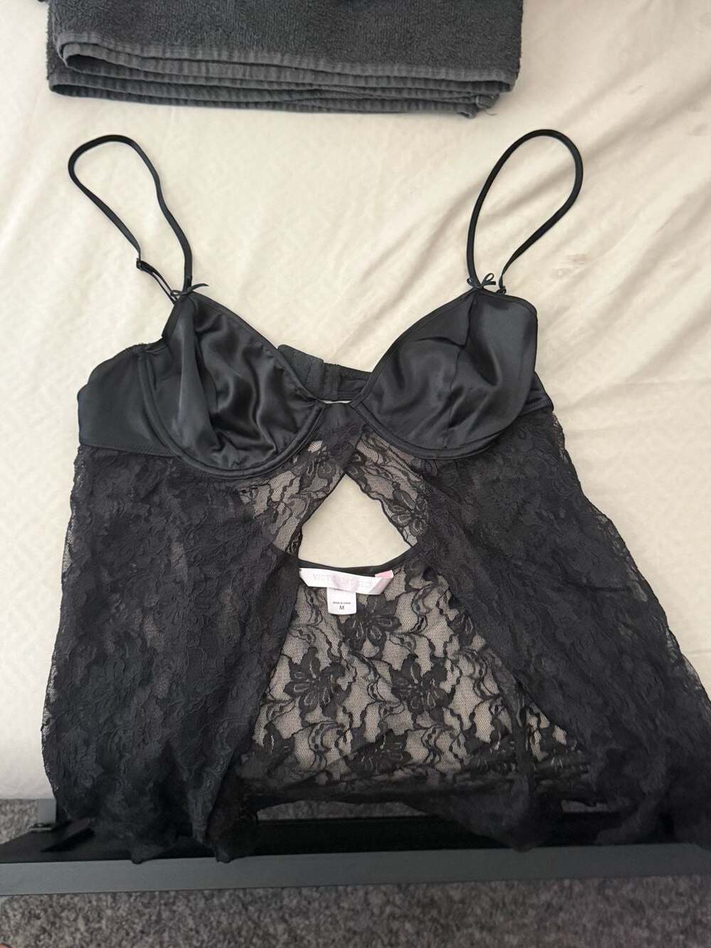 Victoria's Secret Black Satin And Lace Babydoll Slip Cami